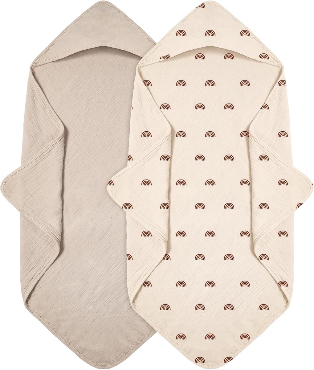 SnelShoppen - Capuchon Handdoek voor Baby's, 2 Stuks, Zachte Mousseline Katoen Badhanddoek met Capuchon, Absorberend, Regenboog, Ideaal voor Bad en Zw