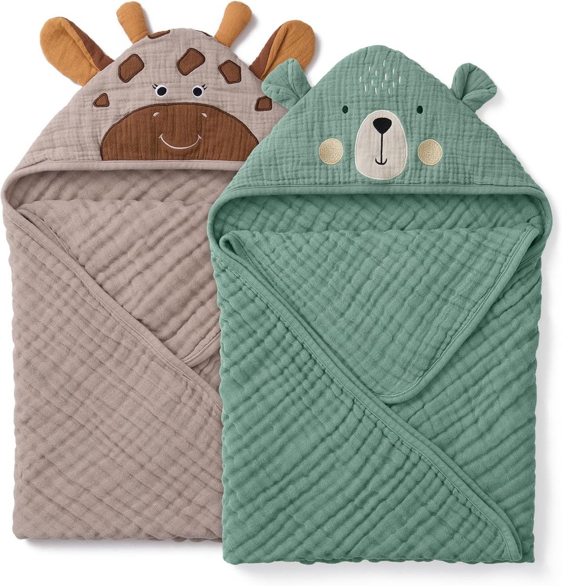 SnelShoppen - Set van 2 Zachte en Absorberende Babyhanddoeken met Capuchon - Katoenen Mousselin Babyhanddoeken 81 x 81 cm - Uniseks Babycadeau in Beer