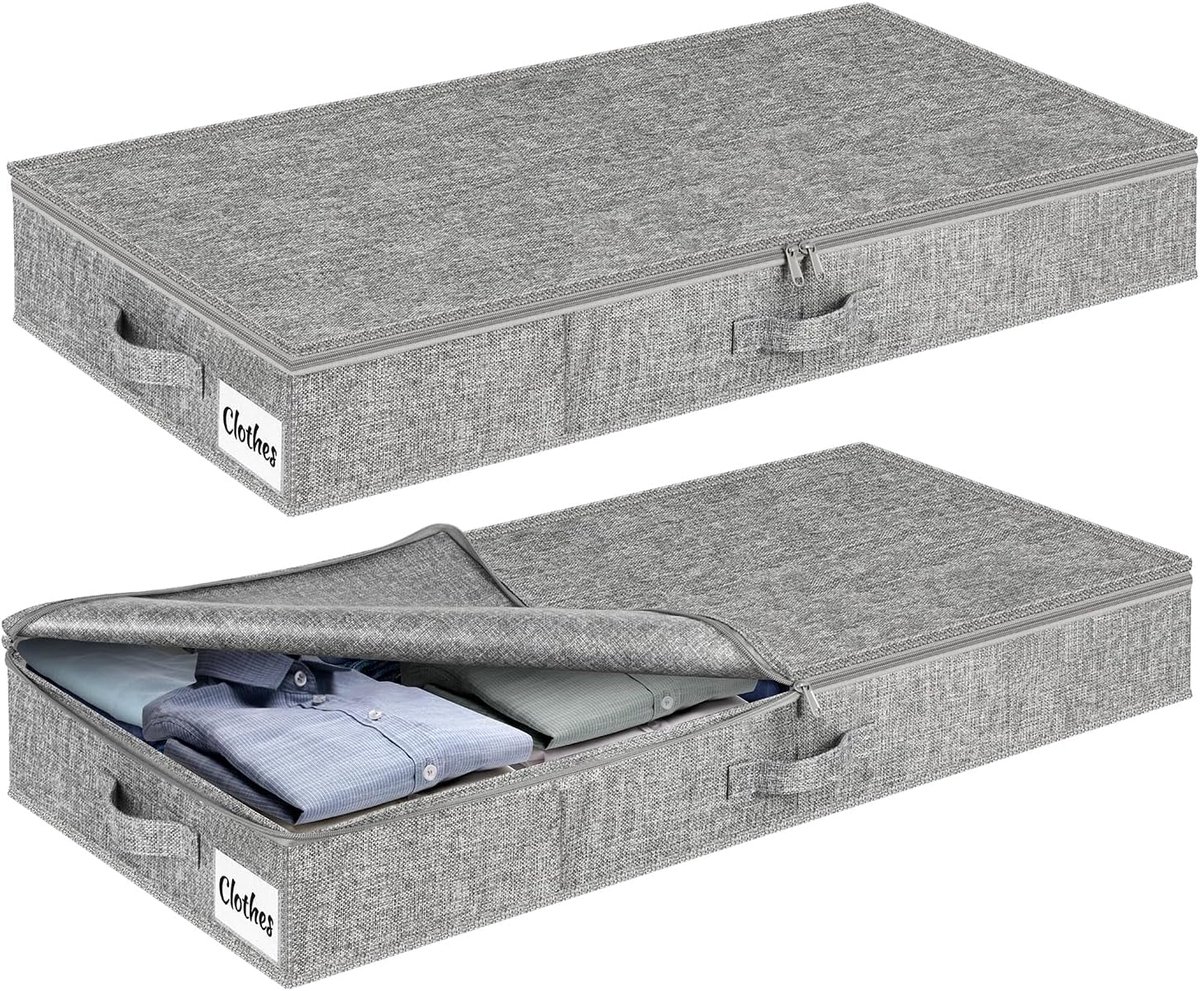 SnelShoppen - Onderbed opbergdozen met deksel, 10 cm hoog, 2 stuks, opvouwbare kledingopslag met ritssluiting, wasbare opbergdozen voor dekens en kled