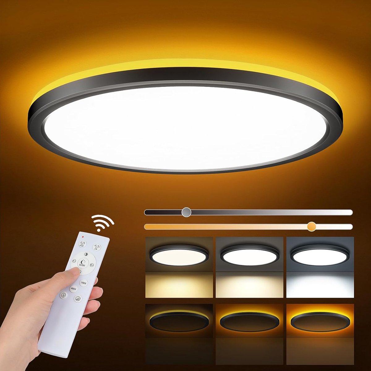 SnelShoppen - Dimbare Led-plafondlamp 24 W met Afstandsbediening, 30 cm Zwart, 1800 K Nachtlampje en 3000 K-6500 K Kleurtemperaturen, Ideaal voor Slaa