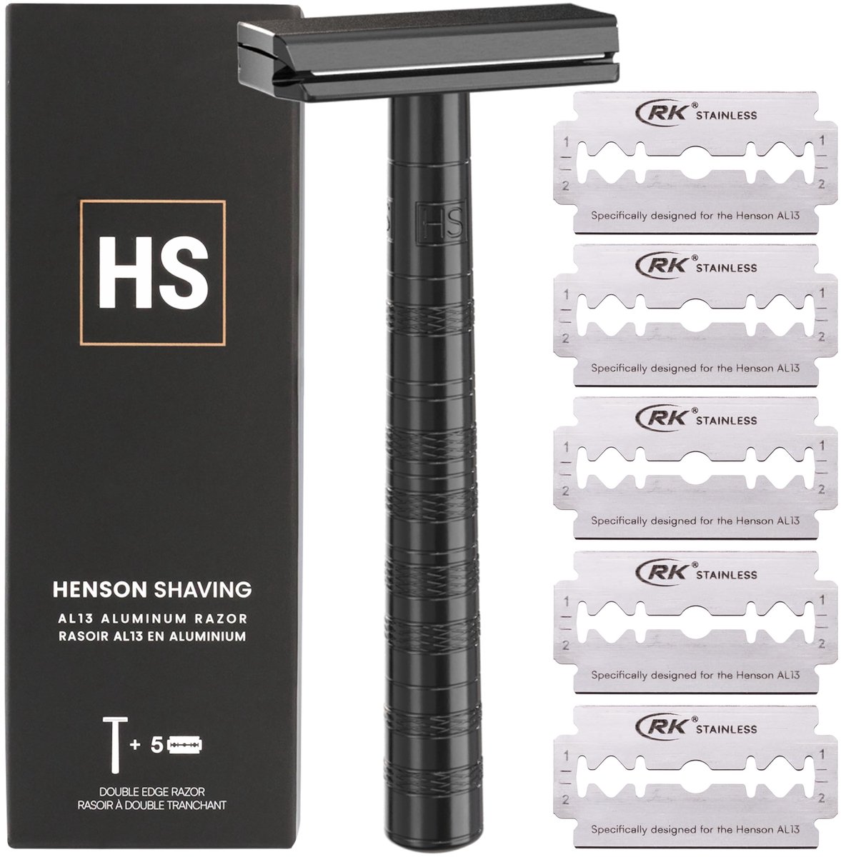 SnelShoppen - Henson Scheermes - Jet Black Dubbelzijdig Veiligheidsscheermes met 5 Reservemessen - 30° Schuine Precisie en Superieure Bladstijfheid -