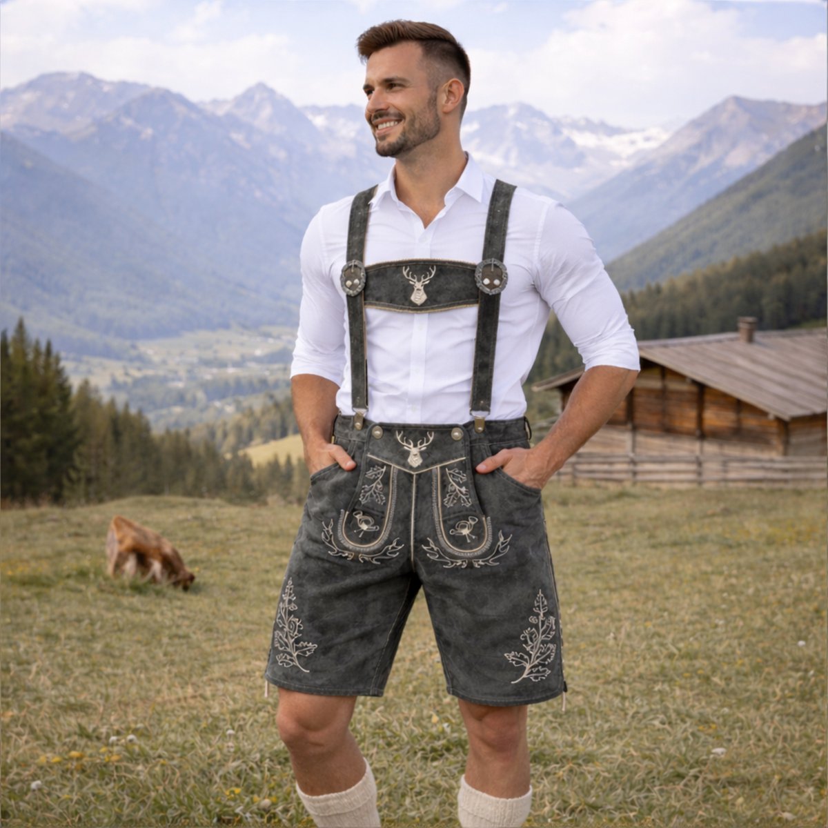 PAULGOS Heren traditionele leren broek kort - HK5 - Echt leer - Verkrijgbaar in 3 kleuren - Maat 44 - 60