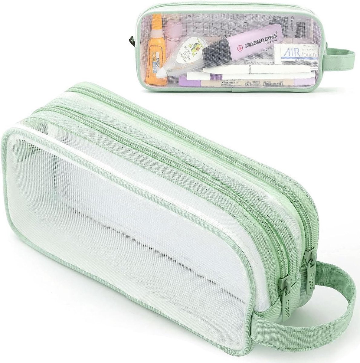 Transparant etui van mesh - Twee compartimenten - Grote capaciteit - Schrijfwarendoos - Stijlvol ontwerp - Ademend mesh - Geschikt voor het opbergen van schrijfwaren, elektronica, cosmetica, enz. - 23.5*10*7.5 cm - Groen