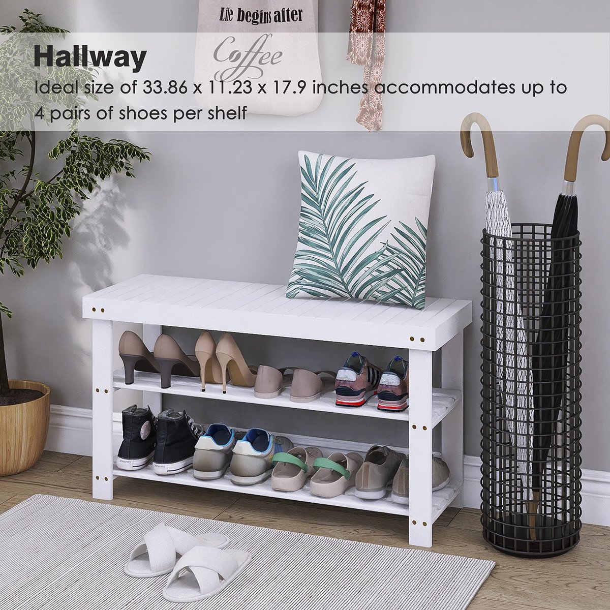 SnelShoppen - Bamboe Schoenenrek Bank - 3-Tier Schoen Organizer Opbergplank voor Hal, Badkamer, Woonkamer - Wit - Duurzaam, Ruimtebesparend en Stijlvo