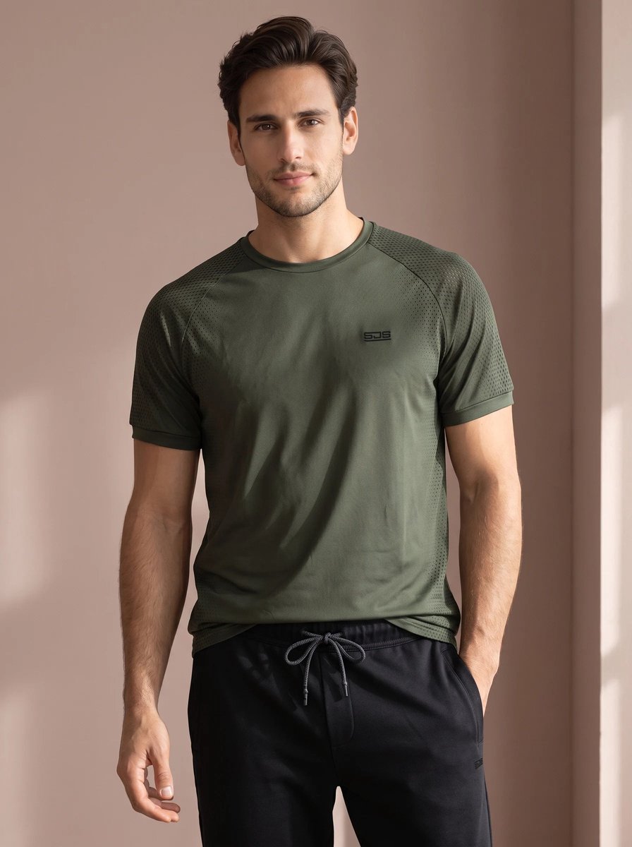 Sjeng Sports BAS - Maat: S Camo Green - Tennis Shirt Mannen - Sportshirt - 87% polyester, 13% elastaan, single jersey