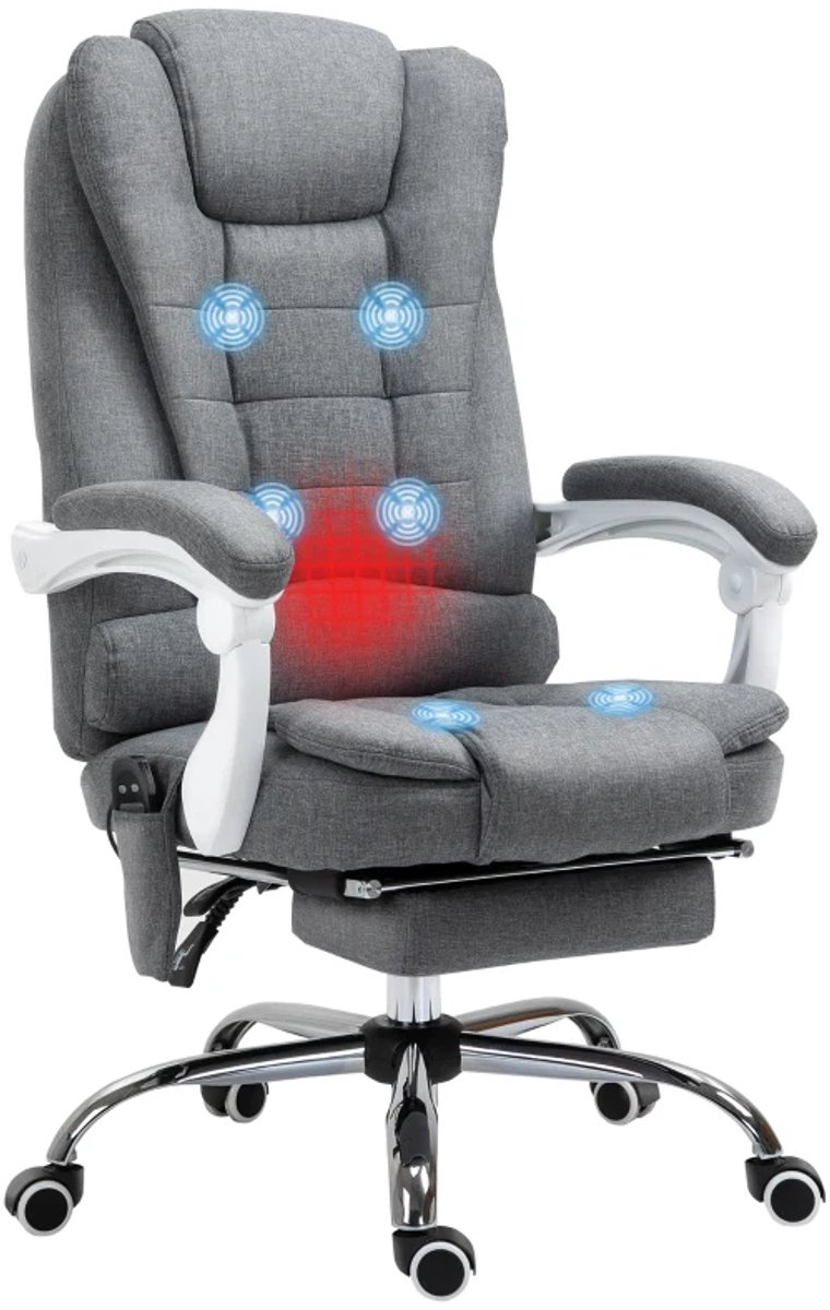Ergonomische Bureaustoel met 6 Massagepunten - Massagestoel - In Hoogte Verstelbaar - 360° Draaibaar - 135° Kantelbare Rugleuning - met Voetensteun & Verwarmingsfunctie - Kantoorstoel - Gamestoel - Volwassenen Stoel - Computerstoel - Grijs