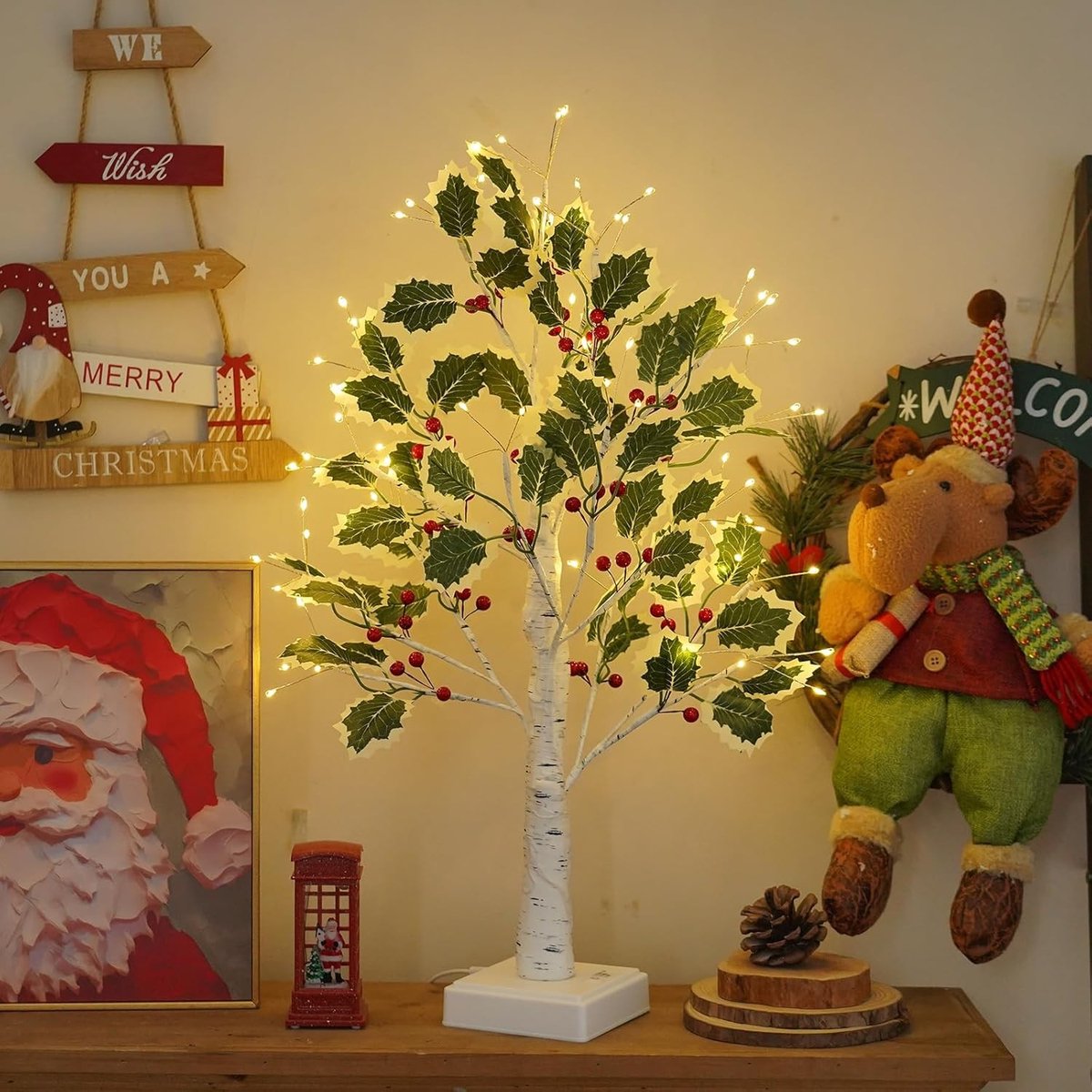 Decoratieve LED Boomverlichting Binnen met Timer, 72 Warmwitte LED's, Groene Bladeren en Rode Besjes voor Kerst en Lente, USB/Batterij Voeding (60cm/2ft)