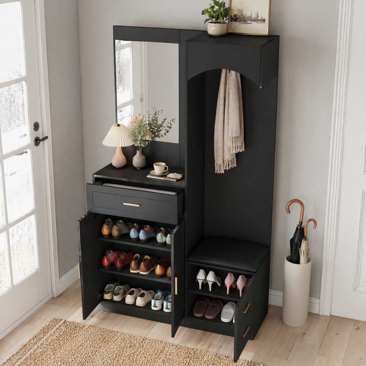 COVREO Schoenenkast 110x33x185,5 cm zwart, MDF met spiegel en zitbank