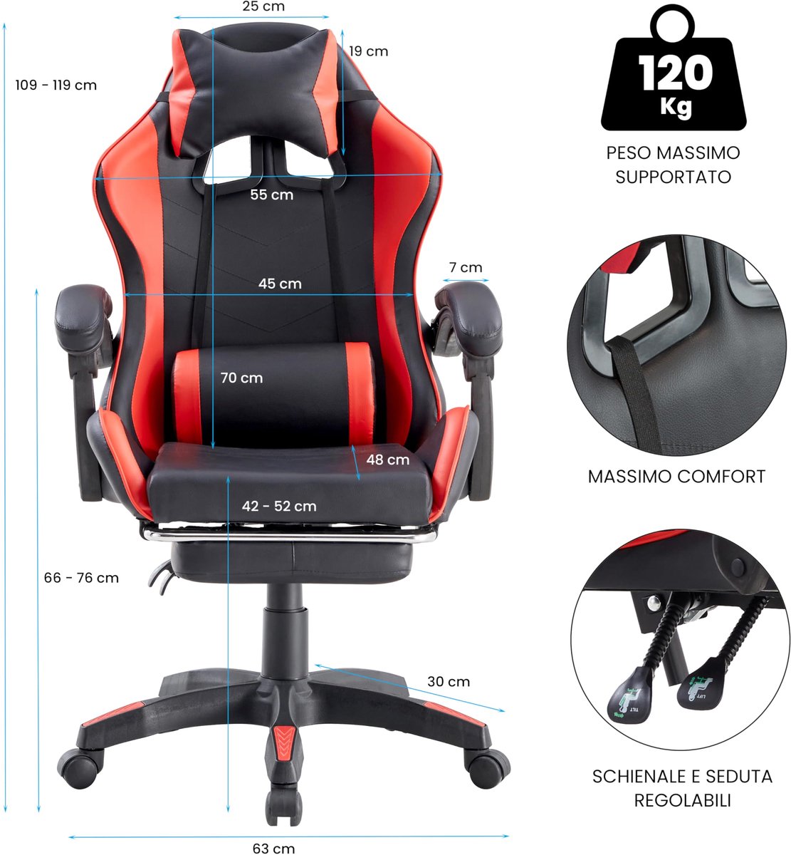 SnelShoppen - Ergonomische gamingstoel met verstelbare armleuningen, draaistoel met wielen, voetensteun, hoofdsteun, lendenkussen, kunstleer, 125 kg d