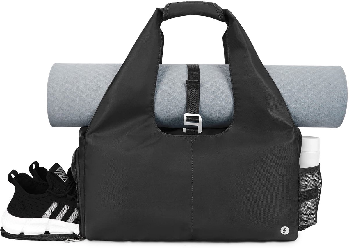 SnelShoppen - Yogamat, gymtas met schoenenvak en natte zak, yoga-draagtas met verstelbare riem voor dagelijks gebruik, pilates en kantoor, Zwart, 44 x
