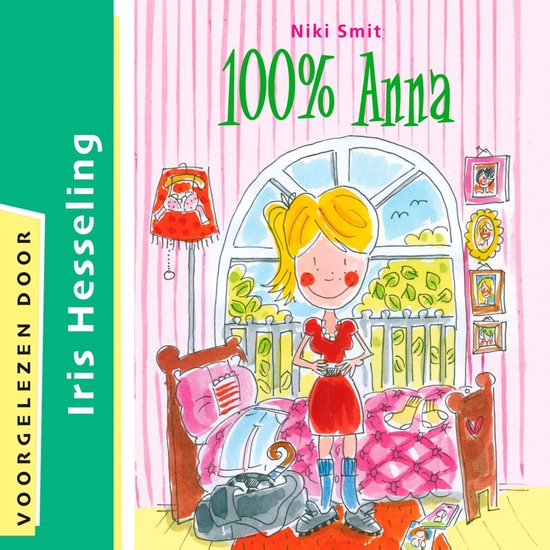 Boek "100% Anna" met illustratie van een blond meisje in een rode jurk, in een kinderkamer.