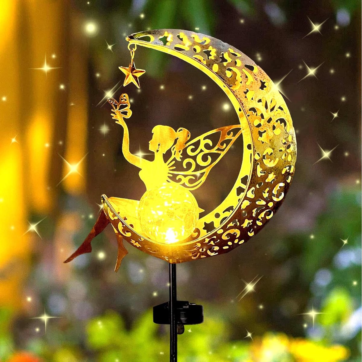 SnelShoppen - Maan-Zonnelampen voor Tuin, Waterdichte Buitenlamp op Zonne-energie, Decoratieve Elfen- en Bloemenfee Verlichting, Metalen Engel Lampen