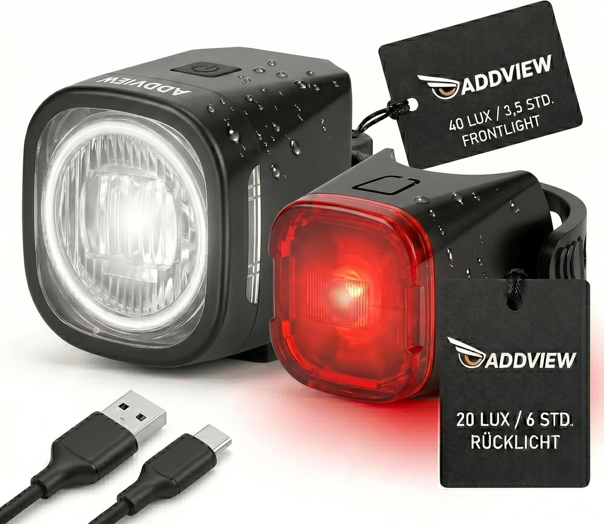 SnelShoppen - ADDVIEW Twins Fietsverlichtingsset LED, StVZO-goedgekeurd, IP65 Waterdicht, Voor- en Achterlicht, USB Type C, Montage zonder Gereedschap