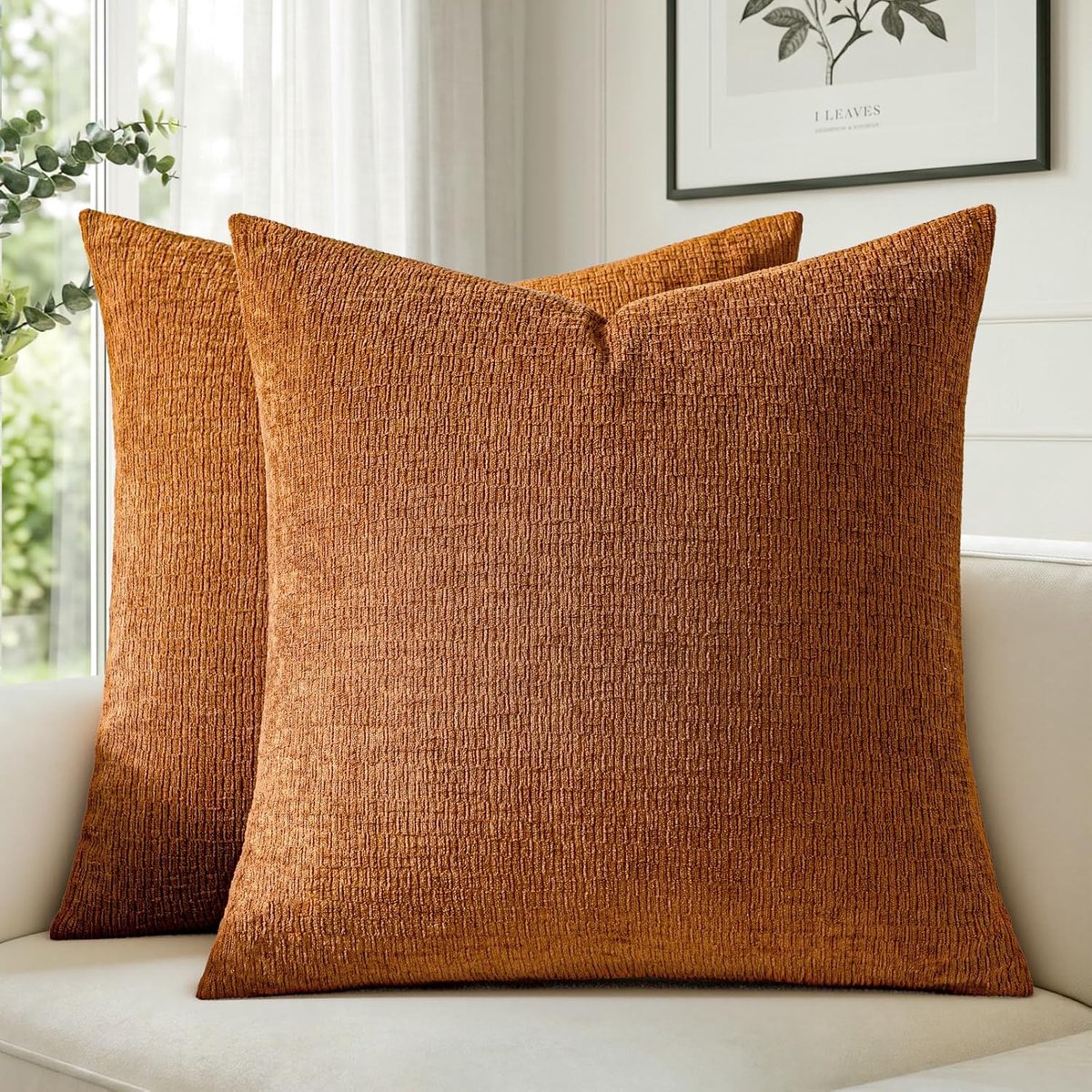 SnelShoppen - Set van 2 Kussenslopen 40 x 40 cm, Gebrande Oranje Chenille, Zachte Pluizige Decoratieve Kussenhoezen met Subtiele Structuur, Wasbare Ku