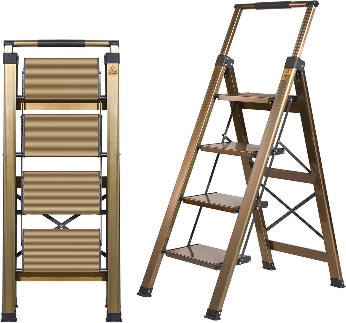Trapladder 4 treden - Opstapladder inklapbaar - Klusjes in huis - Met handige leuning - Belastbaar 150 kg - Champagne