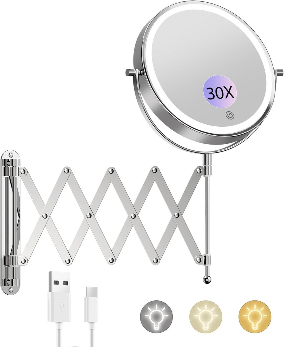 SnelShoppen - USB-oplaadbare make-upspiegel met 1x/30x vergroting | 3 kleuren verlichting | 4000 mAh oplaadbaar | verlengde arm | 360° draaibaar | wan