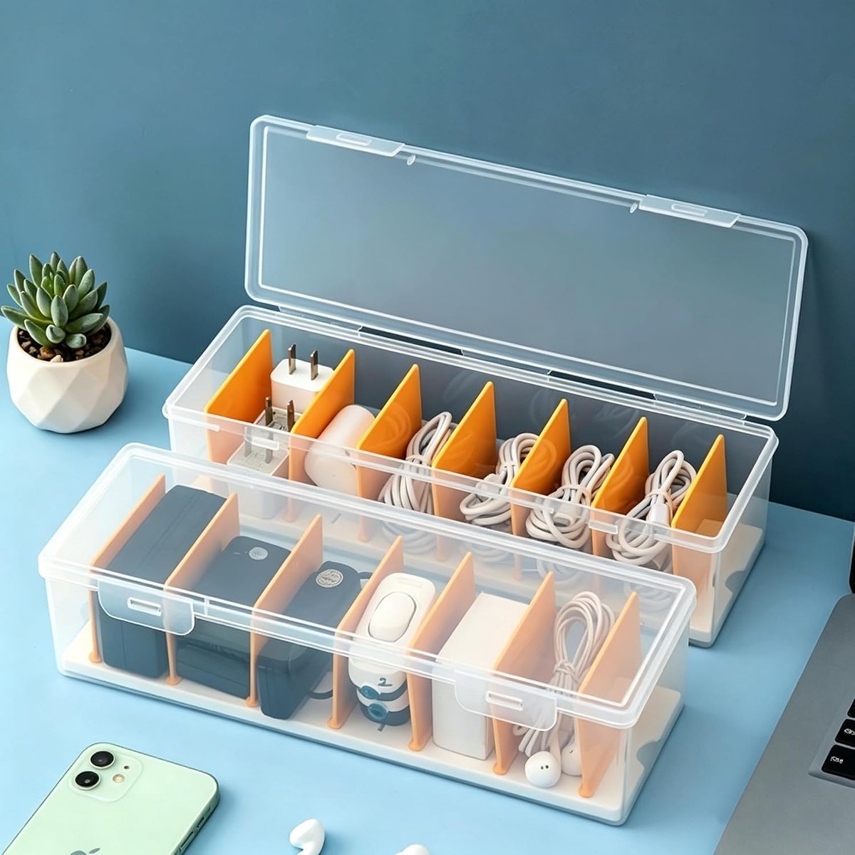 Kabelorganizer, 2 stuks, kabelbox, kunststof, transparant, kabelorganizer, er zijn 7 uitneembare scheidingswanden voor - ShopVlot
