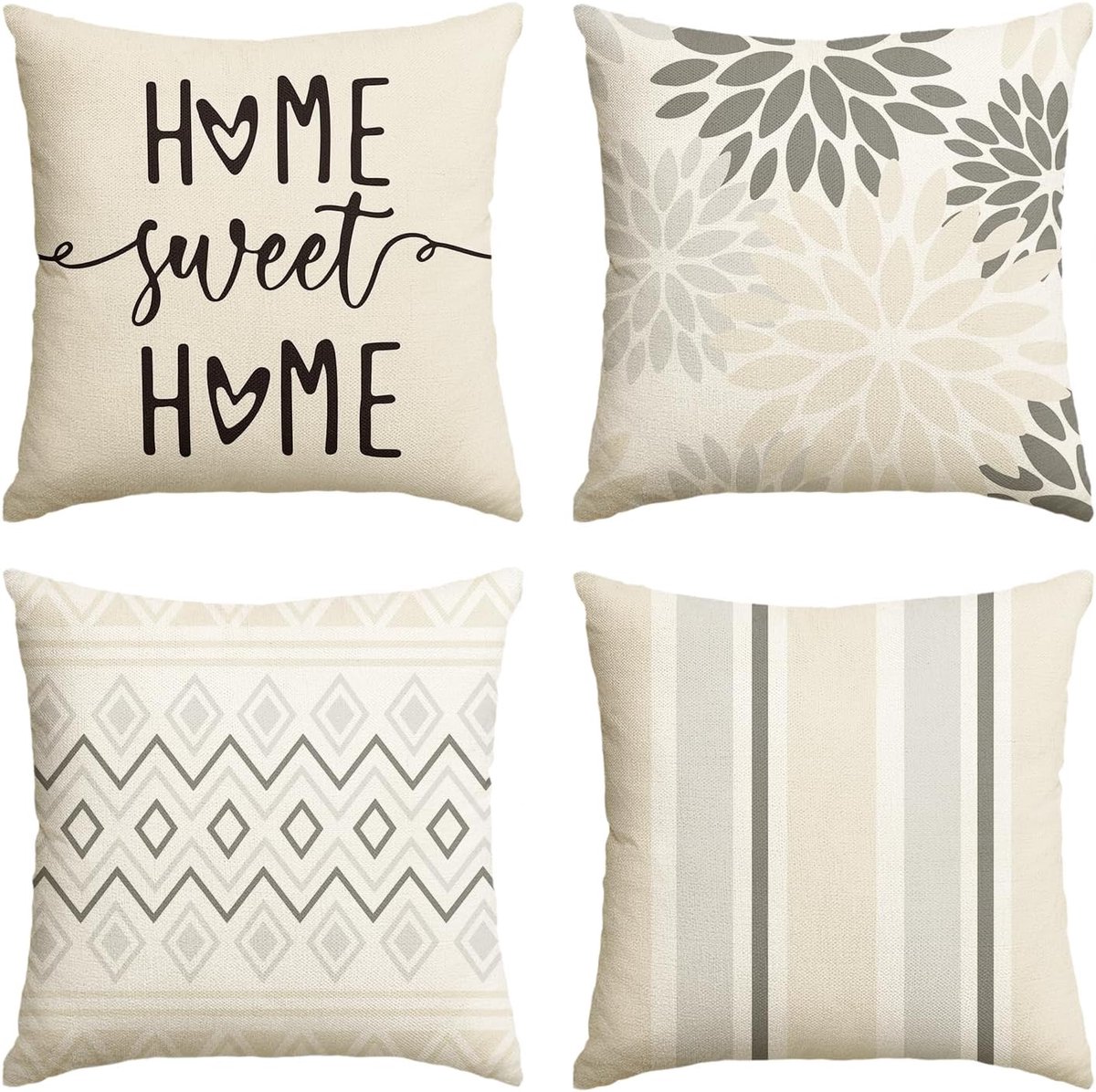 SnelShoppen - Set van 4 decoratieve kussenslopen 40 x 40 cm, crèmewit met dahlia's, voor binnen en buiten, voor bank en woonkamer, trendy en stijlvol