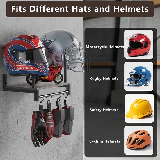 Motorcycle Rack Wandbeugel voor Motoren, Plaat Rack Display Organizer met Helm Hanger en Motoraccessoires voor Voetbal Enthousiastelingen — afbeelding 2