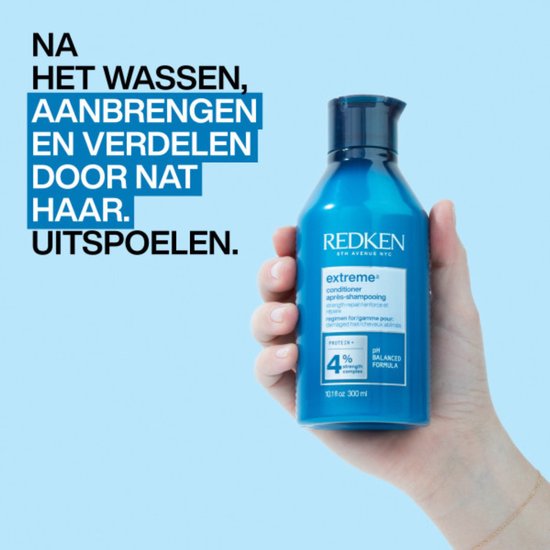 Blauwe fles Redken Extreme conditioner, 300 ml, met tekst "NA HET WASSEN, AANBRENGEN EN VERDELEN DOOR NAT HAAR. UITSPOELEN."