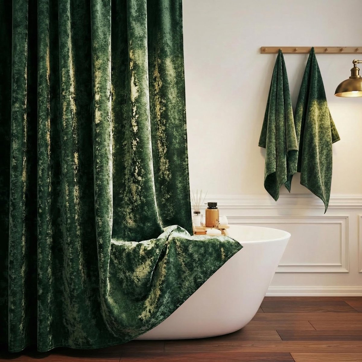 SnelShoppen - Luxe Geplet Fluwelen Douchegordijn Donkergroen 122 x 182 cm Waterdicht met 12 Gouden Haken voor Badkamer Decoratie