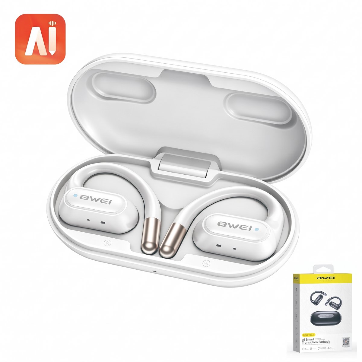 AWEI T93 - Sport Oordopjes - Open-Ear Oorclips - Draadloos Bluetooth Clip On Design - AI-vertaalfunctie - ENC Ruisonderdrukking - IPX6 - 40 Uur Batterijduur - voor Hardlopen - Wit