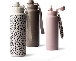 SnelShoppen - MAMEIDO Thermosfles met Rietje 1,2 L (Almond Flakes) | Lekvrije Drinkfles met 2-in-1 Sportdeksel, Afneembaar Rietje en Draaglus voor Spo