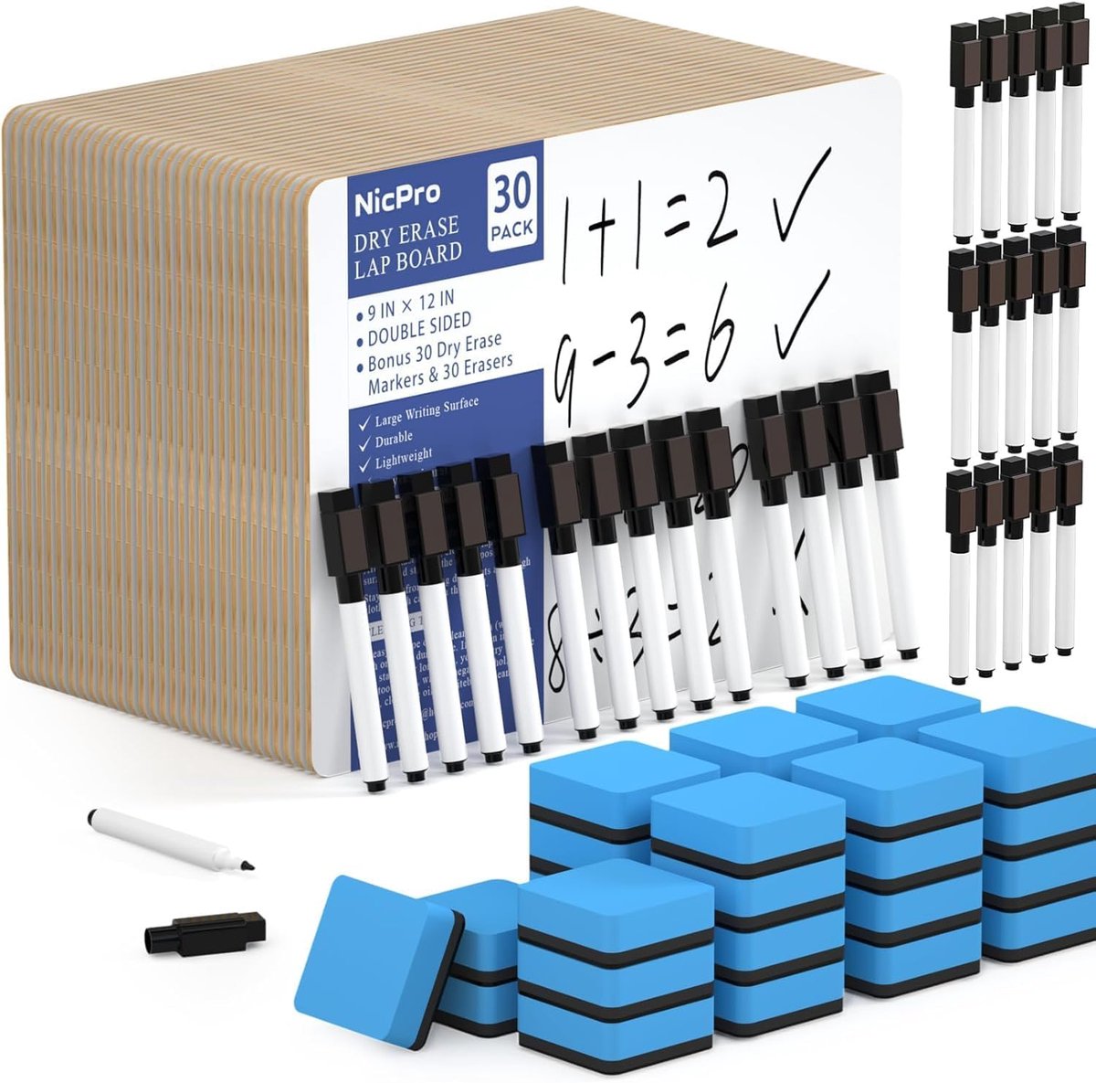 SnelShoppen - 30 stuks droog afwisbaar mini-whiteboard A4 dubbelzijdig met 30 pennen en 30 gummen, draagbaar schrijfbord voor kinderen en volwassenen,