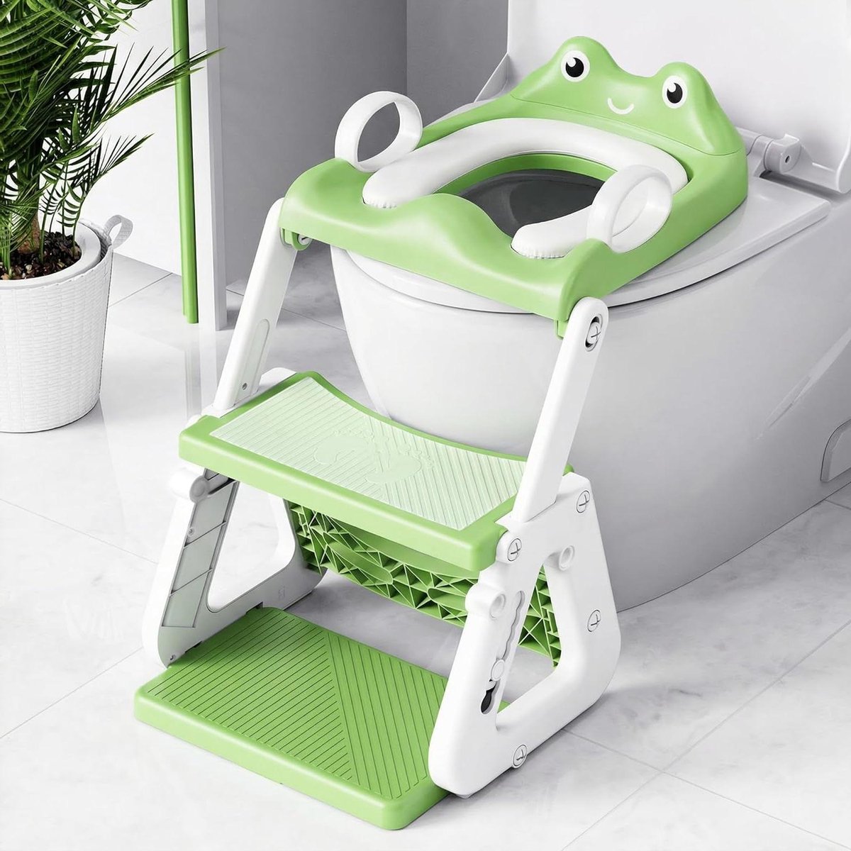 Kindertoiletbril met Trap - Zindelijkheidstrainer - Zelfstandig naar Toilet - Stabiele Driehoekstructuur - Verstelbaar - Groen