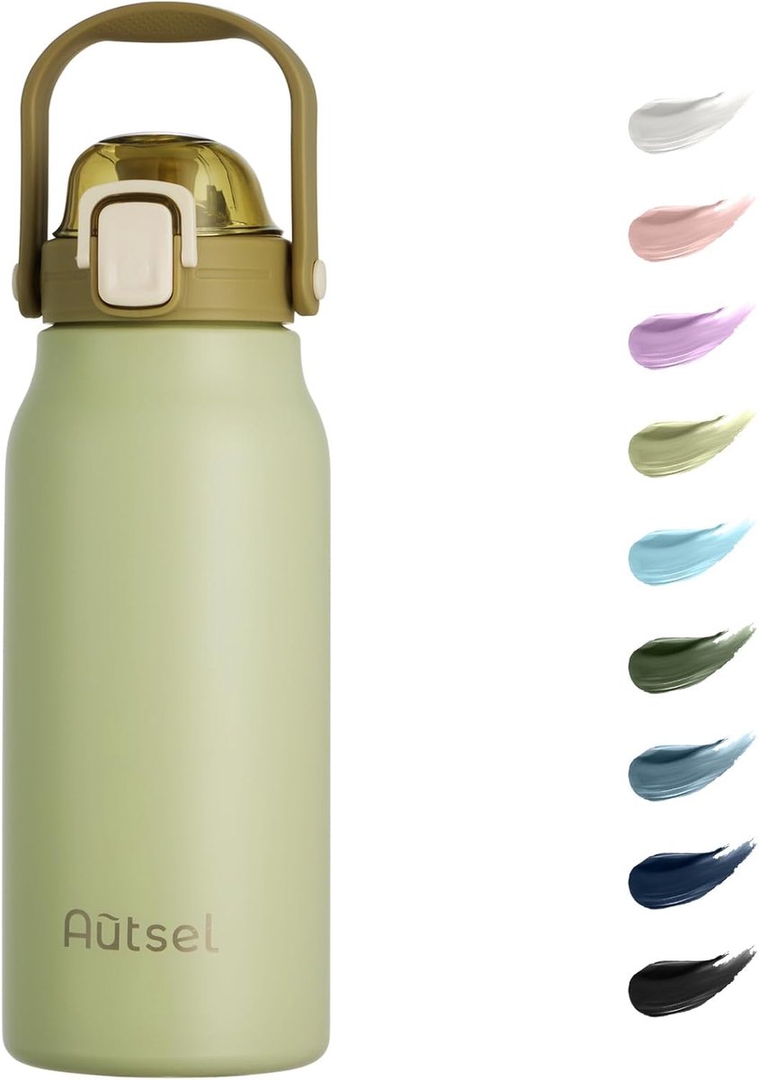 SnelShoppen - 1.7L RVS Waterfles met Rietje, Grote Metalen Drinkfles met Handvat, Dubbelwandig Geïsoleerde Sport Waterfles, Lekvrij voor Gym en Sport