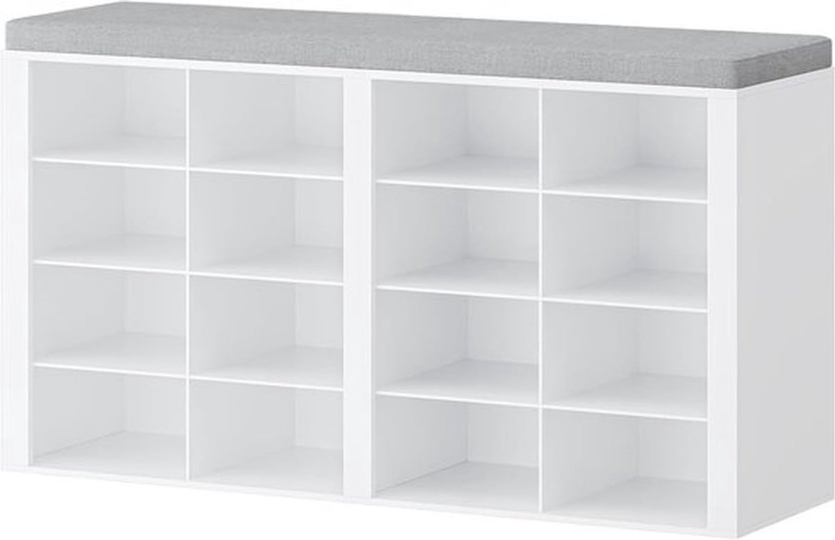 Schoenenbank met Zitting en 16 Compartimenten, Opbergrek voor Schoenen met Verstelbare Planken voor Woonkamer, Slaapkamer en Hal, Wit-Grijs