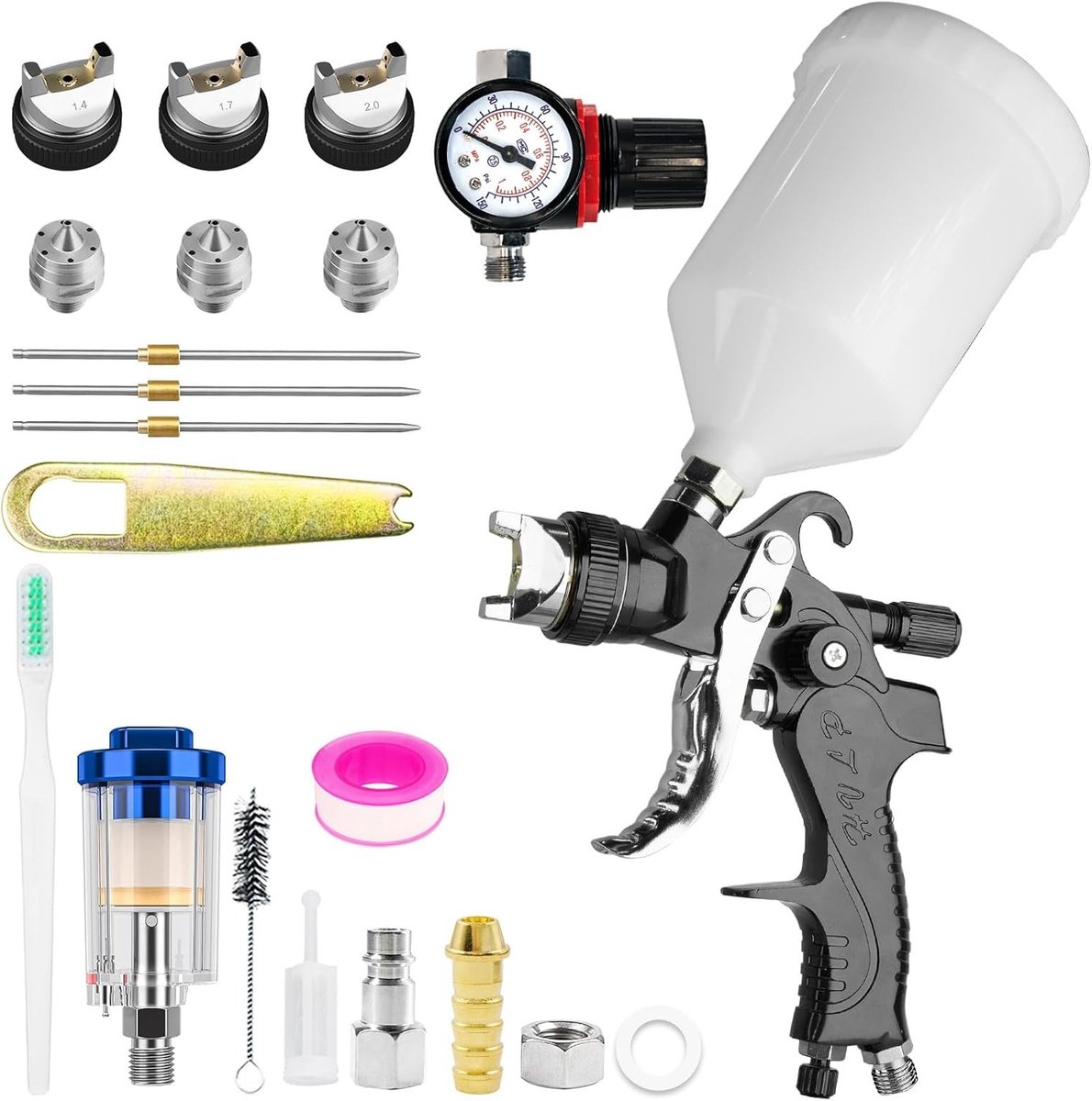 Professionele HVLP Verfspuit met 3 Spuitmonden 1.4/1.7/2.0 mm, Luchtdruk Regulator en 600 ml Plastic Cup voor Efficiënt Verfspuiten