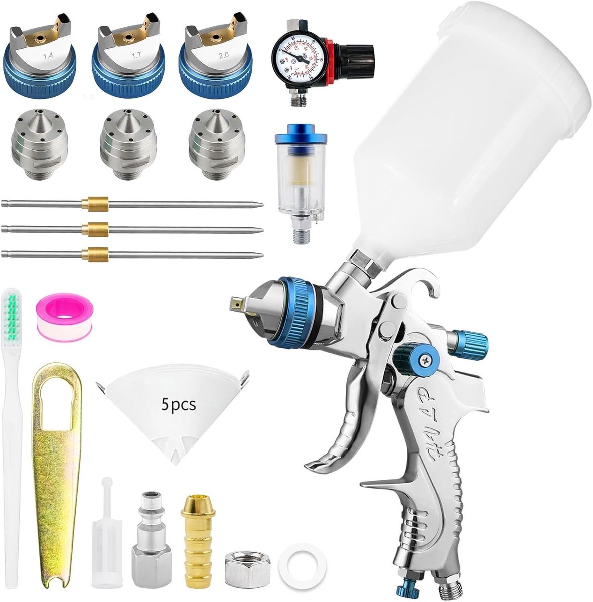 Professionele HVLP Spuitpistool Set 1.4/1.7/2.0 mm met 600 ml Plastic Bekken en Lucht Drukregelaar voor Perfecte Verfresultaten