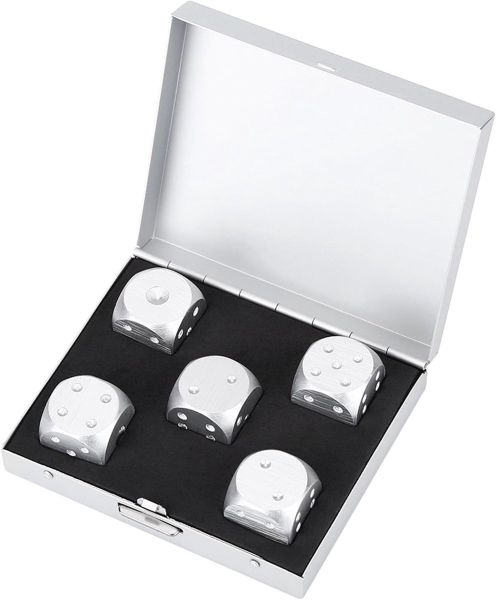 Set van 5 Stuks Dobbelstenen voor Tafelspellen met Aluminium Opbergdoos - Perfect voor Poker en Bordspellen