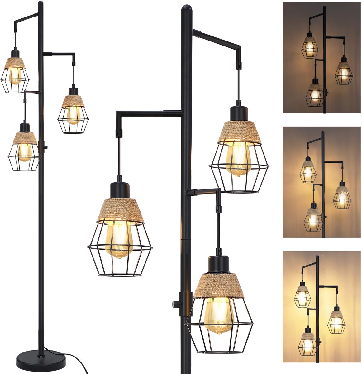 Lapamax Industriële Vloerlamp met 3 Lichtpunten - Dimbare Staande Lamp met E27 LED-Lampen - Draadkooikappen - Woonkamer en Eetkamer - Zwart