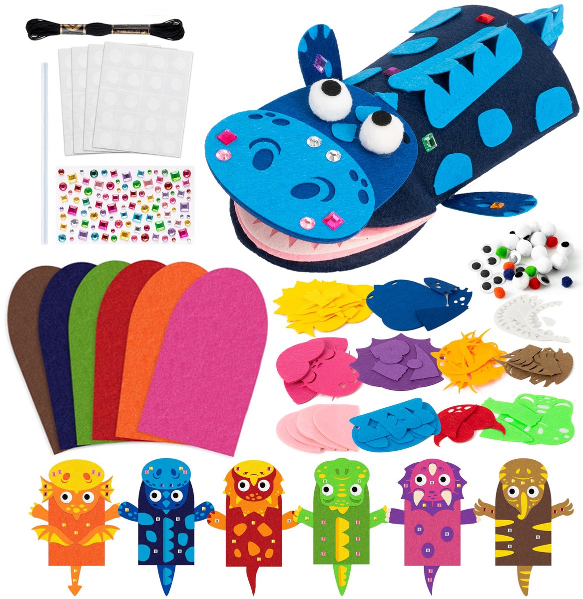 Vilt Handpoppen Maken Set van 6 - DIY Dinosaurus & Draak Knutselpakket met Pompons en Wiegelogen - Poppenkast Handpop voor Kinderen