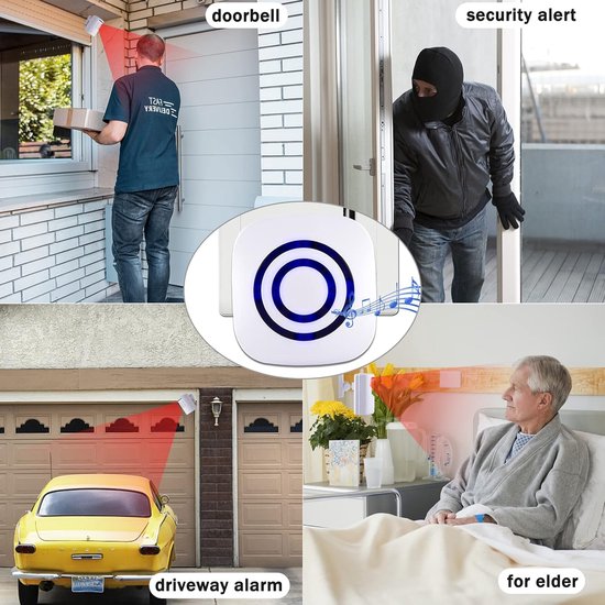 Alarm met bewegingssensor en draadloze opritmelder (op afstand); beveiligingssysteem voor binnenshuis/elektrische deurbel; inclusief 2 bewegingsmelders en 1 alarmeenheid, keuze uit 38 melodieën en voorzien van led-indicatielampjes. — afbeelding 2