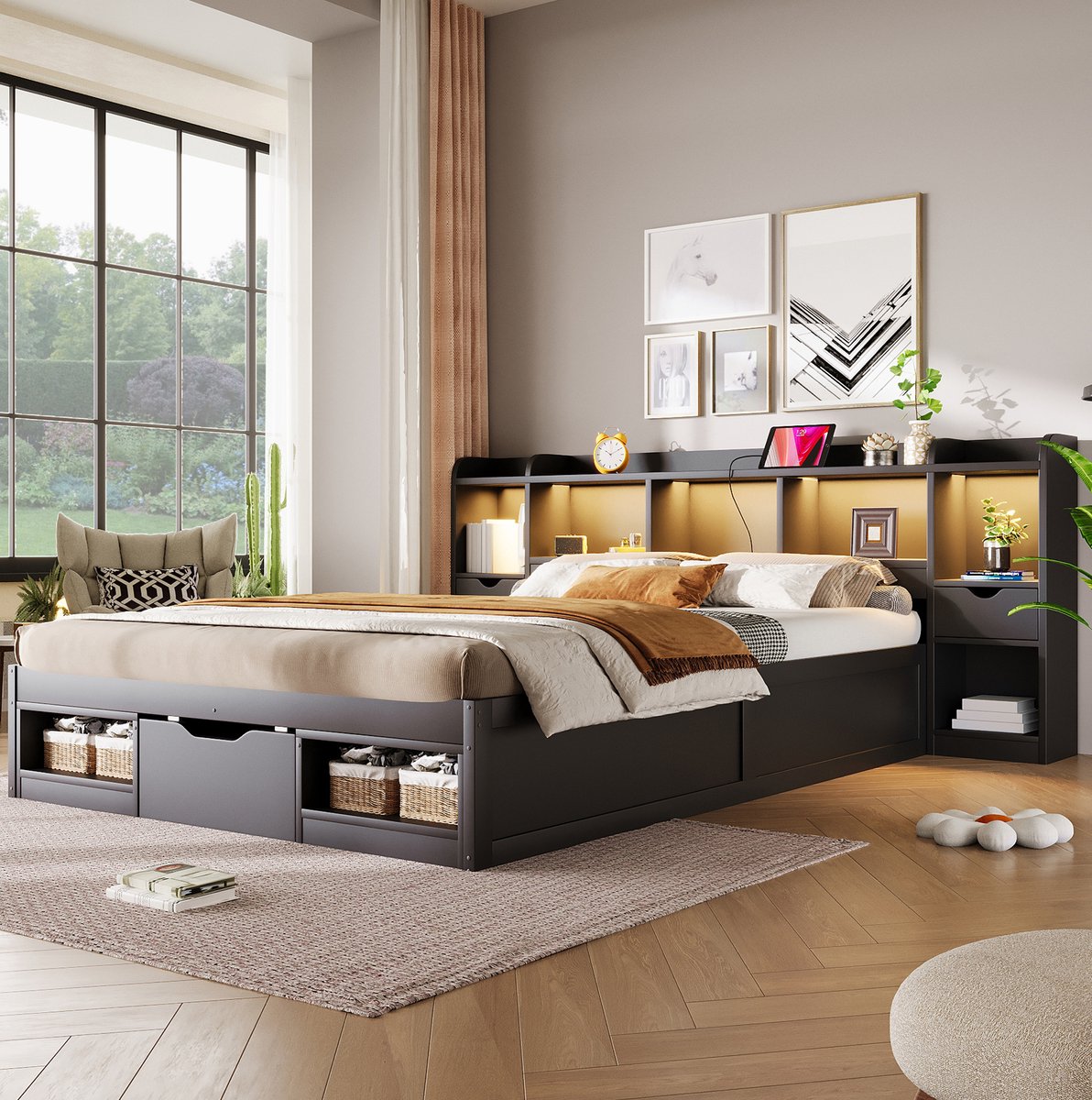 STILVORA Bed 140x200 cm – Tweepersoonsbed Met LED En USB – 3 Lades En Hoofd- En Voetbordopberging – Voor Volwassenen – MDF – Zwart – Zonder Matras