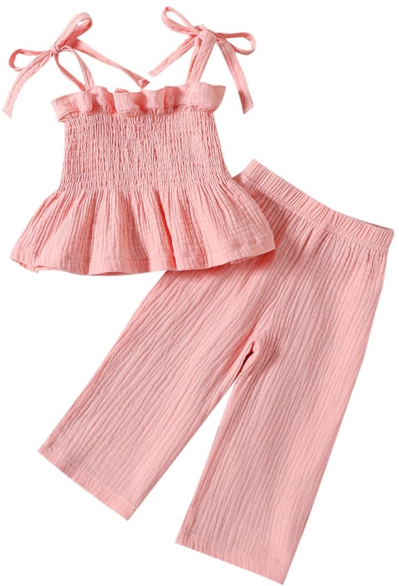 SnelShoppen - Casual tanktop voor peuters met ruches, mouwloos, linnen broek met wijde pijpen, kinderkledingset voor babymeisjes, 6-12 maanden, lente,