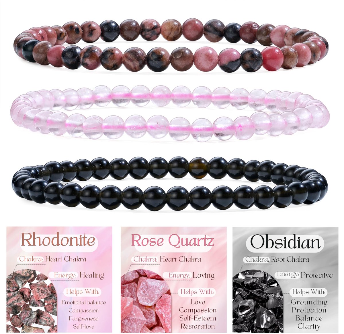 SnelShoppen - Handgemaakte 3-delige Parelarmbanden voor Vrouwen - Zwarte Tourmaline, Roze Aventurijn, Zebra-Steen - 6mm Kristalarmbanden met Stretch-E