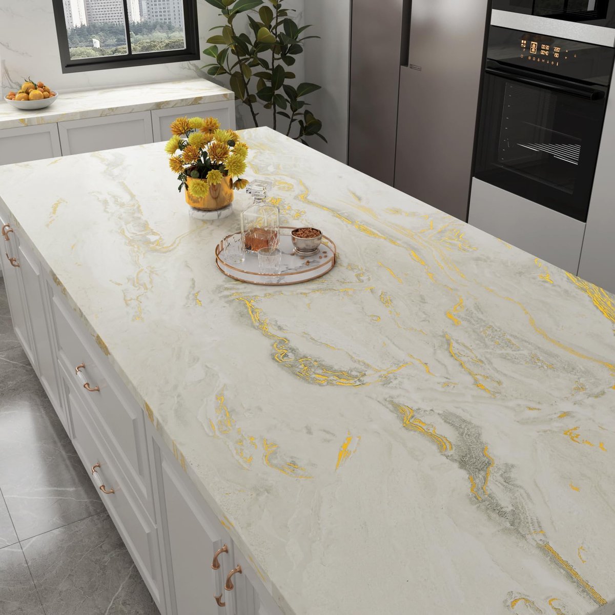 SnelShoppen - Meubelfolie zelfklevend marmerlook beige goud 60 x 300 cm voor meubels, tafel, keukenfronten, kast, behang, marmerfolie voor muur
