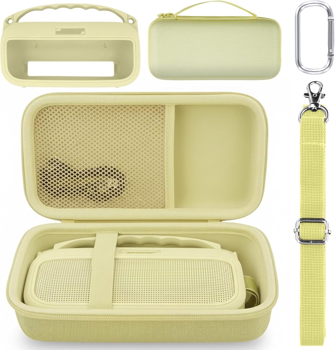 Hardcase en Silicium Hoes voor Draagbare Bluetooth Speaker, Beschermhoes met Carabiner en Schouderriem voor Bose SoundLink Flex (2e Generatie)