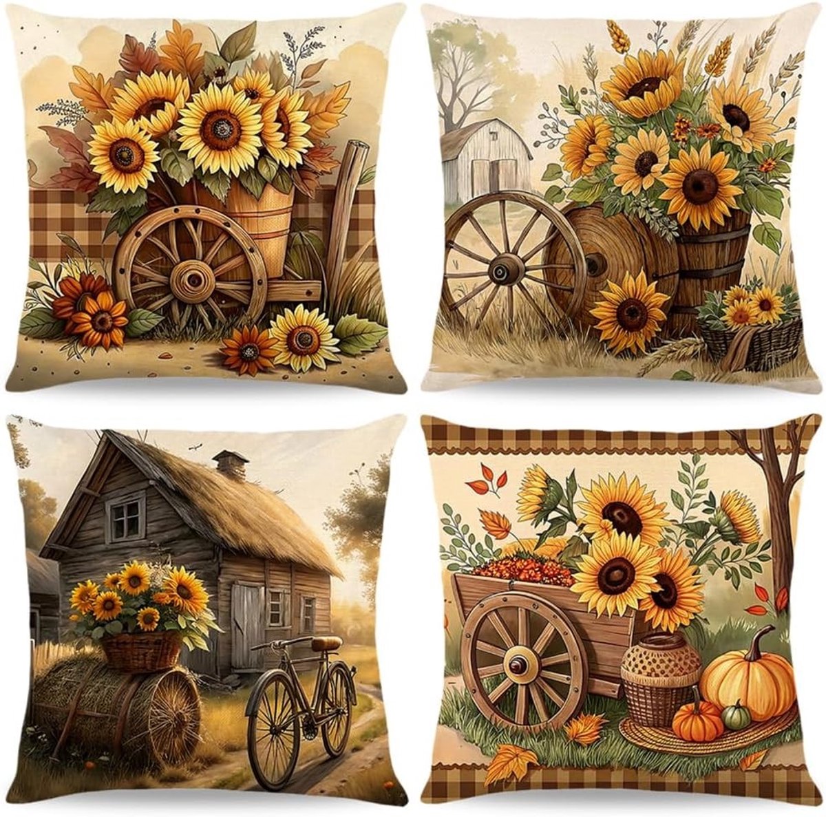 Herfst Kussenslopen 40x40cm - Set van 4, Geschikt voor Thanksgiving en Halloween, Decoratieve Linnen Kussens voor Bank en Bed