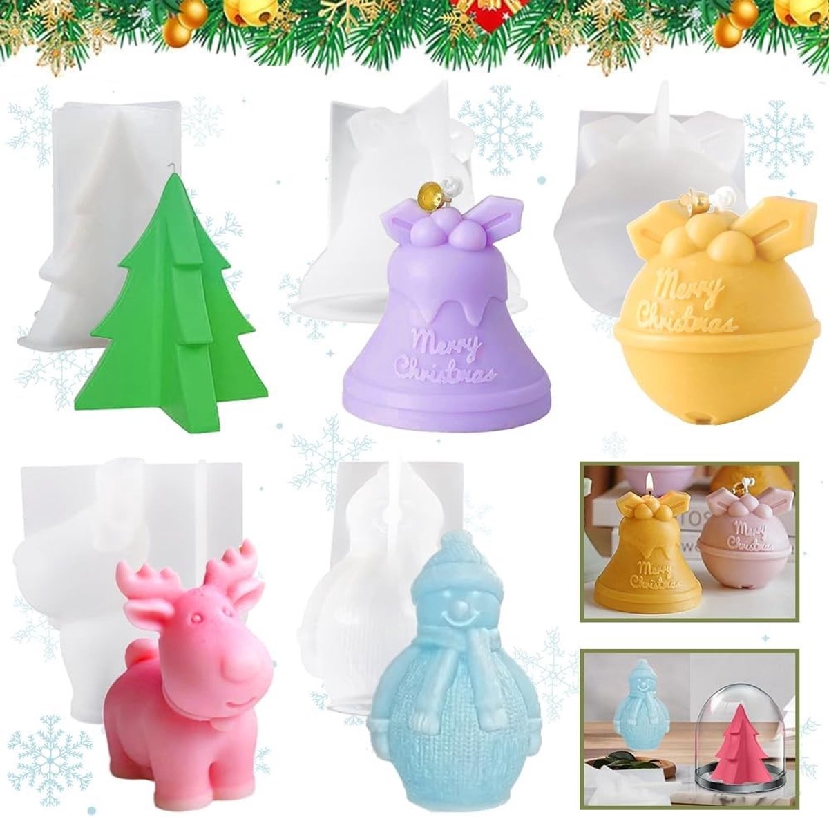 Siliconen Gietvormen voor Kerstmis, 5 Stuks voor Kaarsen, DIY Mallen voor Kerstboom, Sneeuwpop en Rendier