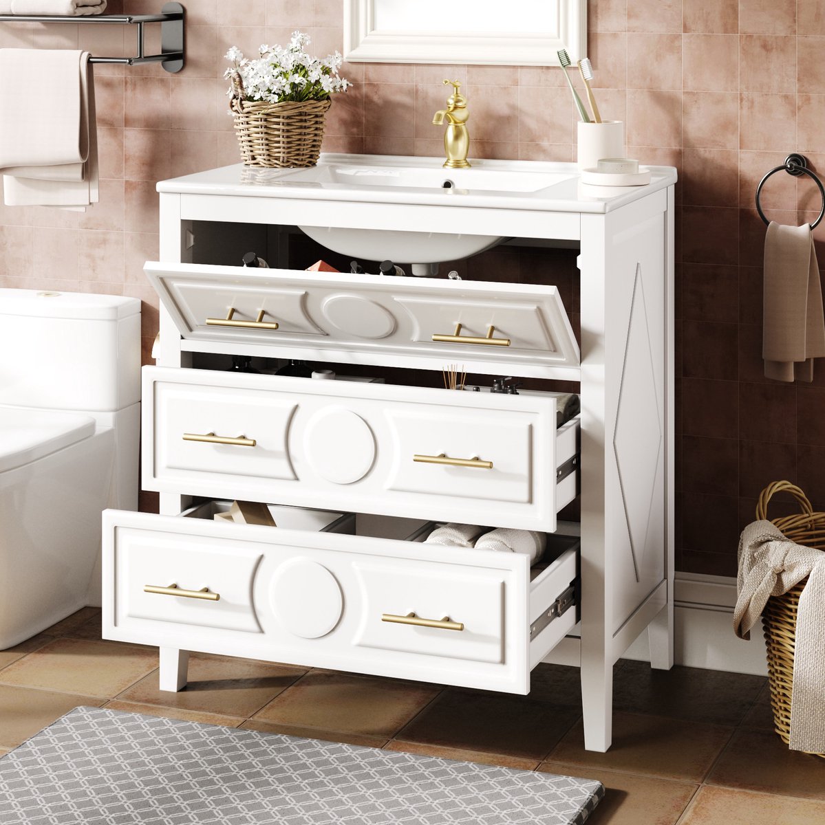 COVREO Wastafelmeubel 81x46,5x86,5 cm wit, MDF met 3 laden