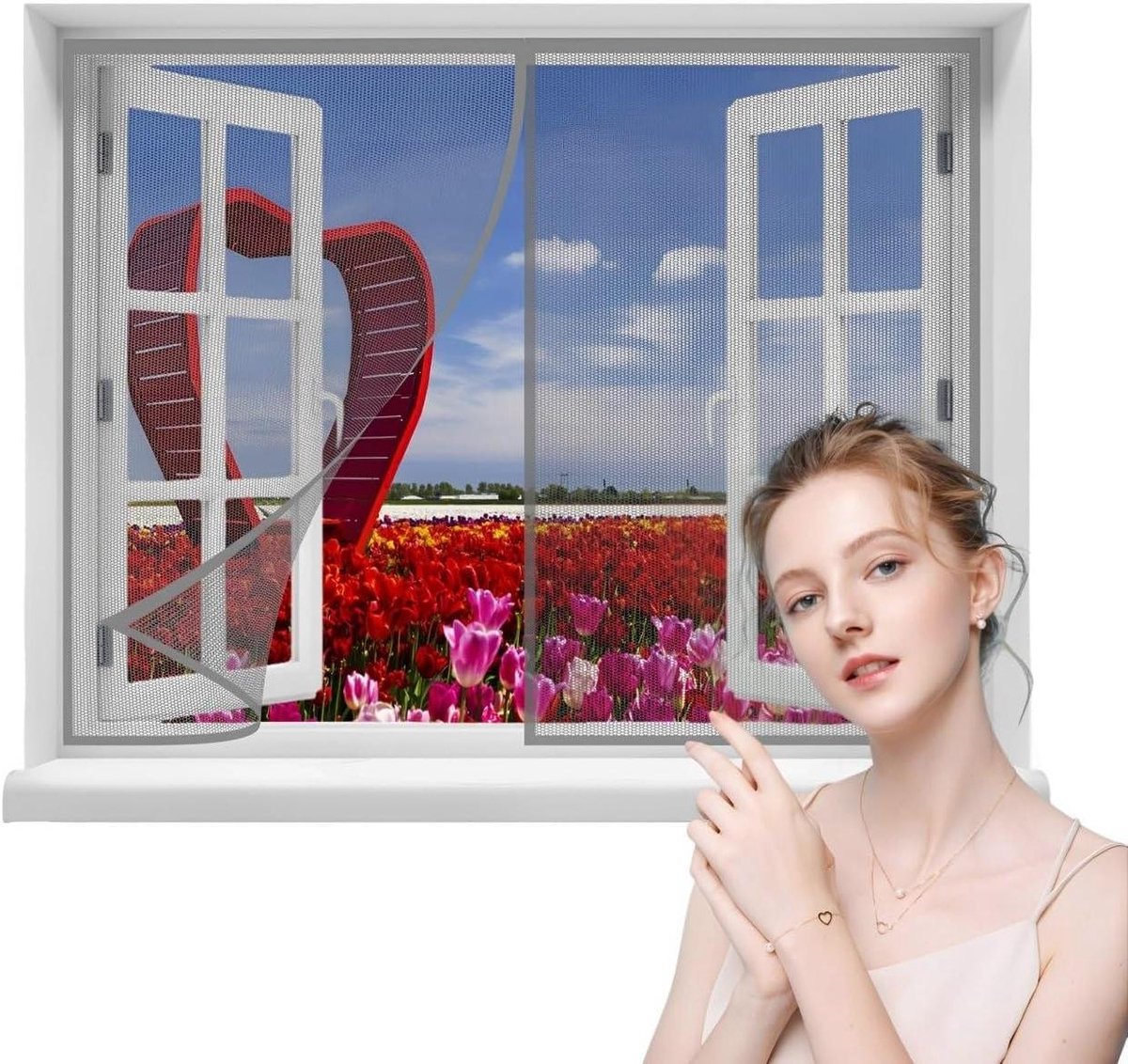 Magnetisch Horraam - Insectenhor Raam - Insecten Buiten Houden - Eenvoudig Zonder Boren - 95x60cm - Grijs