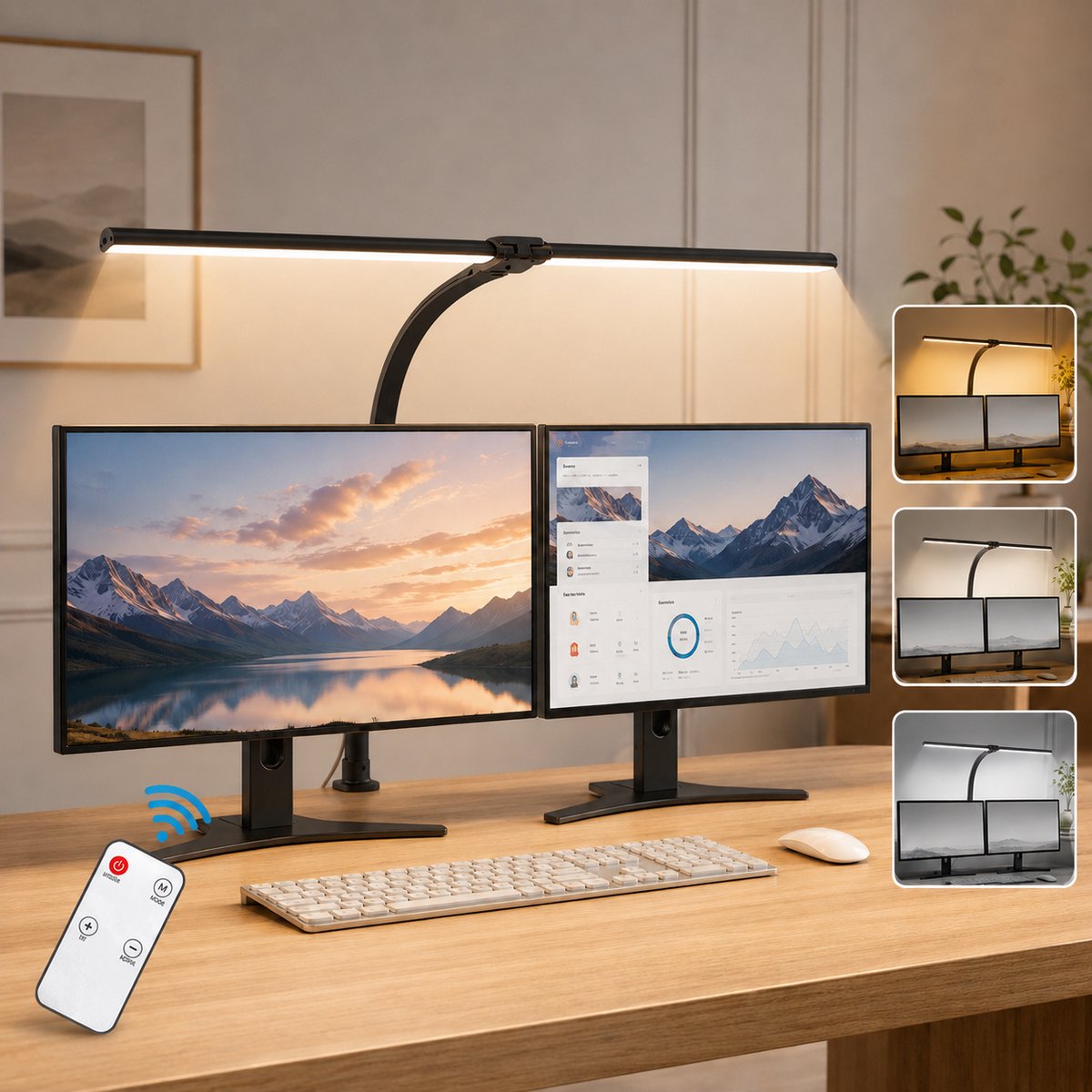 MUPOO Bureaulamp LED Dimbaar met Klem80 cm - Werklamp met Dubbele Lichtkop 180° Verstelbaar-Monitor Lamp met 360° Flexibele Zwanenhals - Klemlamp met 5 Lichtkleuren - Hobbylamp Afstandsbediening - Architectenlamp voor Kantoor, Studie -Zwart