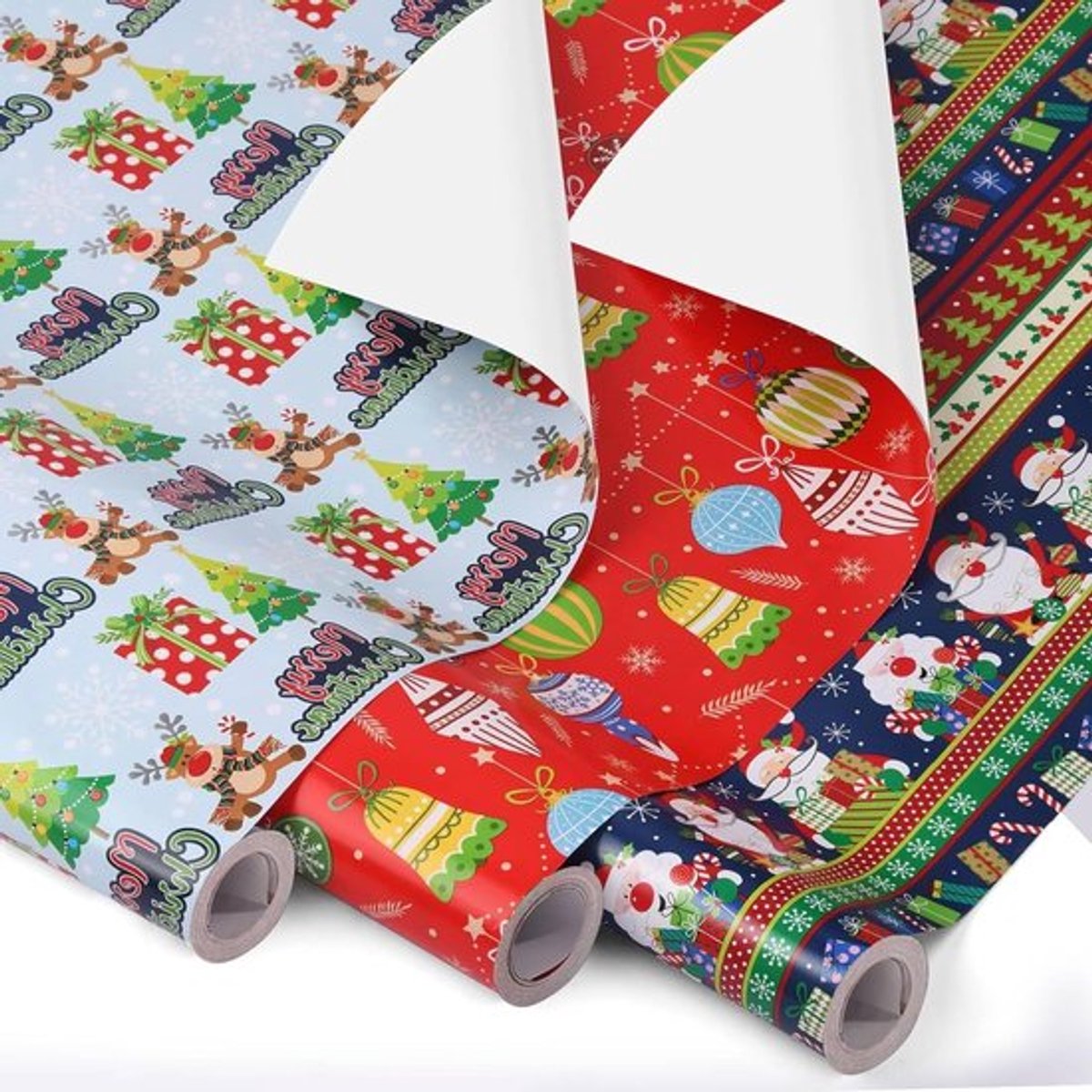 3 Rollen Kerst Cadeaupapier, 43cm x 10m, Recyclebaar Papier voor Verpakkingen, Feestdagen, Verjaardagen en Decoraties