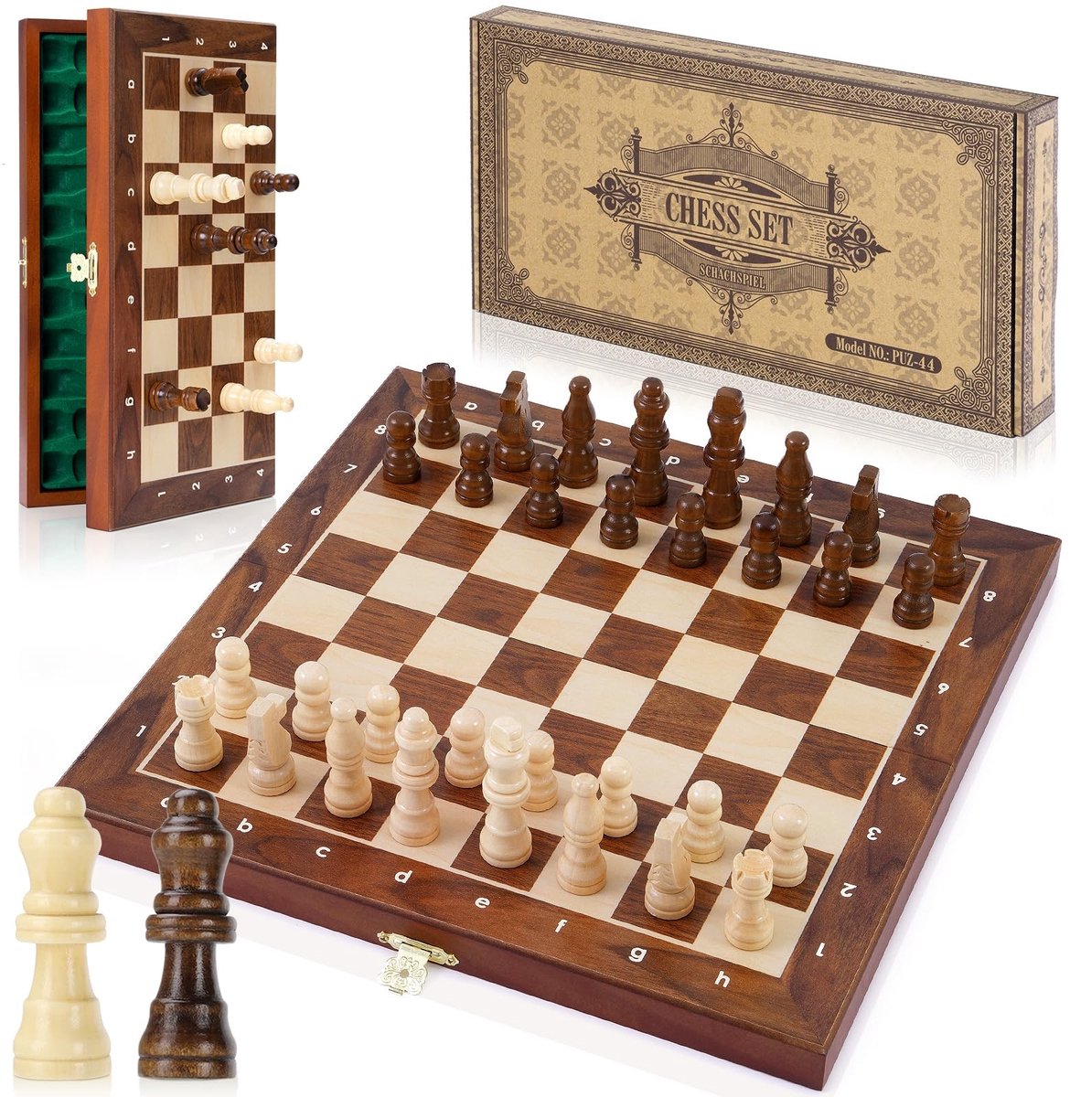 Solidchoice - Magnetisch Schaakspel van Hout met 2 Extra Dames voor Kinderen