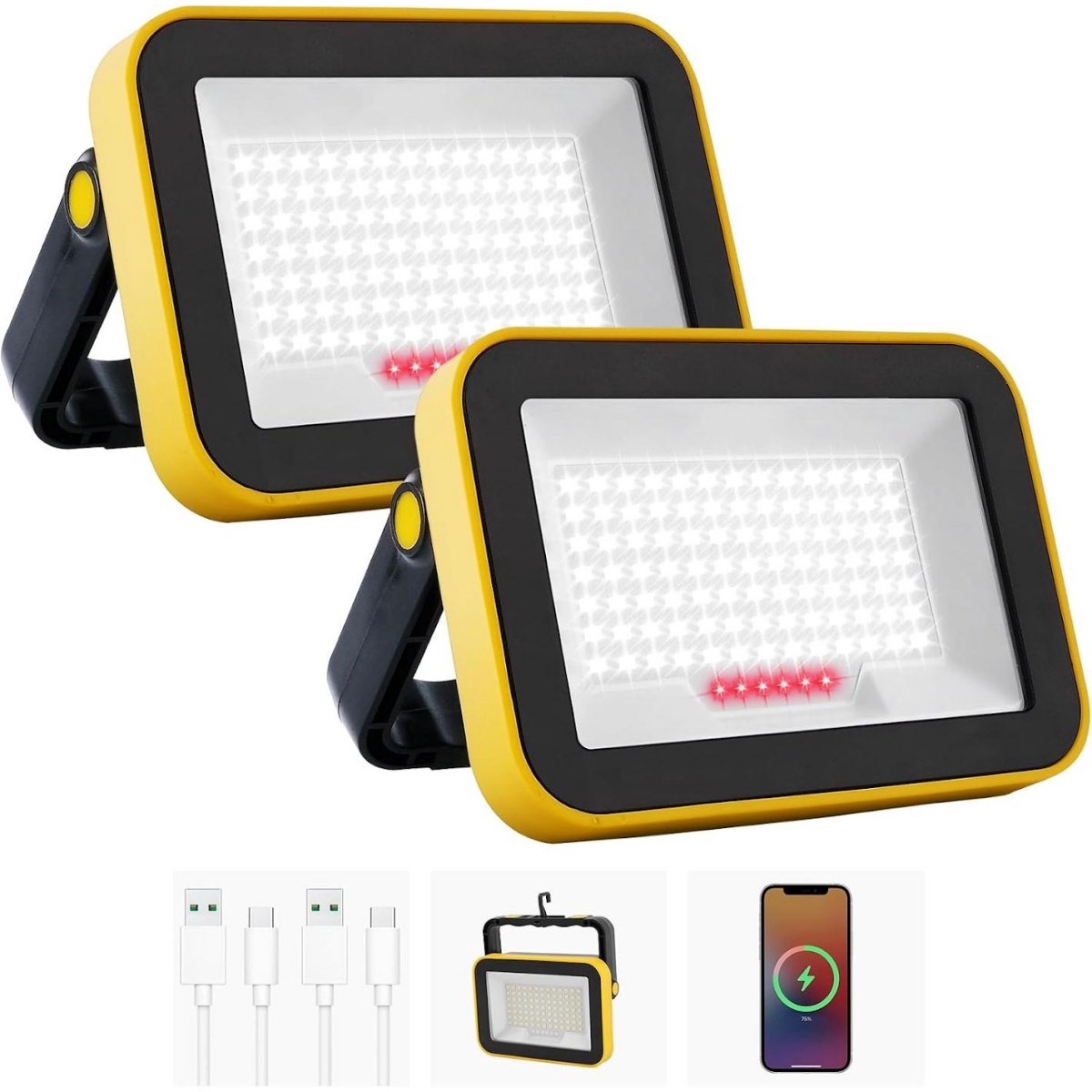 SSTRWGOOD Oplaadbare LED-werklamp - Set van 2 - LED-schijnwerper - 5 standen - USB-C-opladen - 4000 mAh - Draagbaar en op accu - IP65-waterbestendig - Geschikt voor garage, kamperen, vissen
